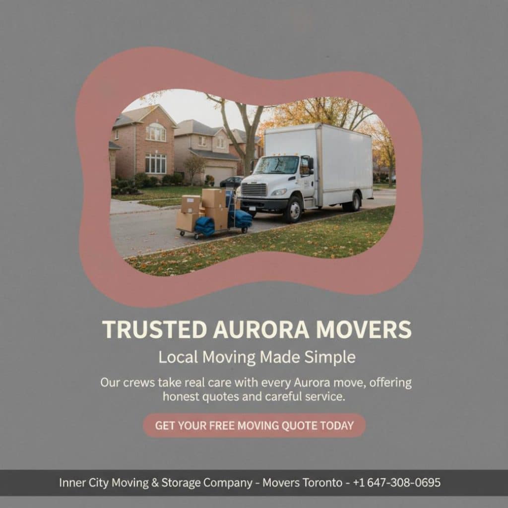 Inner City Moving truck with moving boxes in Aurora ON neighborhood