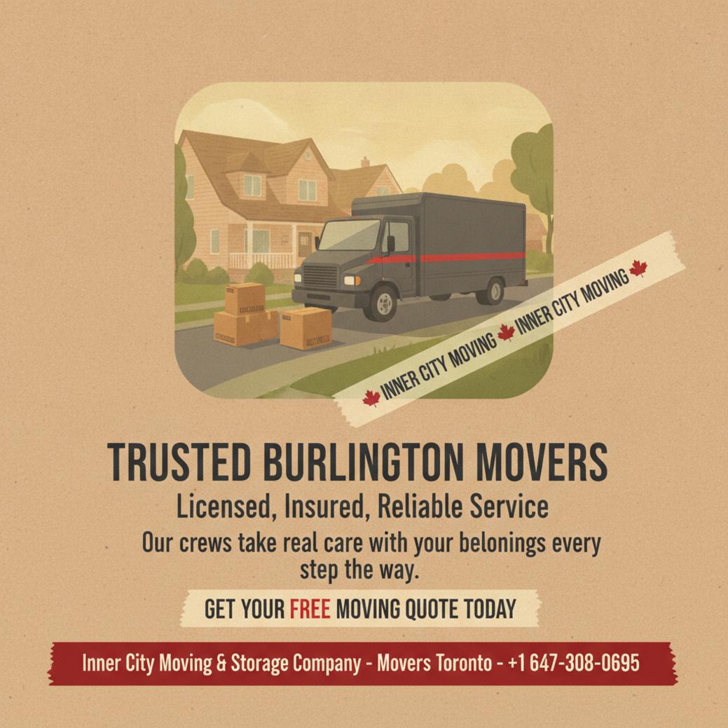 Burlington movers and truck with moving boxes on a residential street