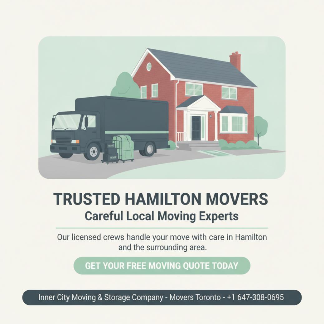 Hamilton movers truck and equipment outside residential home Hamilton ON