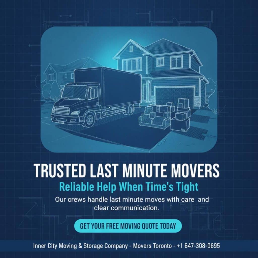 Need Last Minute Movers in Stouffville? Here’s What to Know 1 Inner City Moving & Storage truck with last minute movers Stouffville driveway