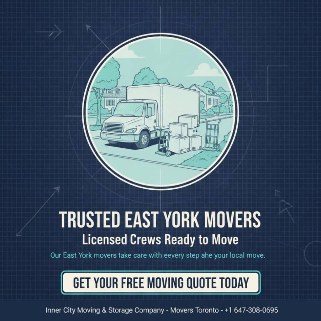 Moving truck and boxes by East York street with movers in Toronto