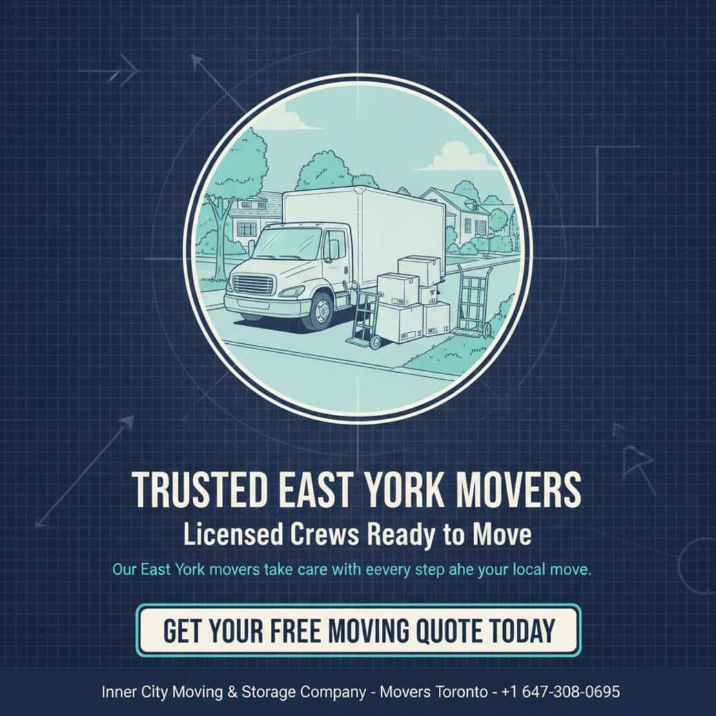 Moving truck and boxes by East York street with movers in Toronto