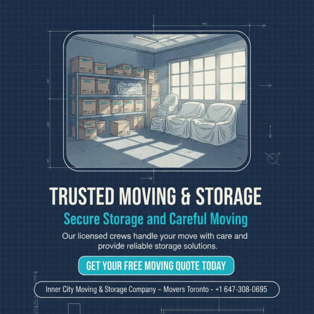 How Moving and Storage in Toronto Can Simplify Your Move 1 Climate controlled storage unit with labeled boxes and furniture, moving and storage Toronto