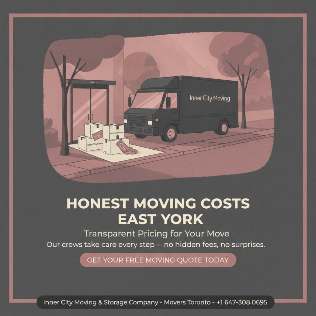 Moving cost East York scene with moving truck and boxes near Danforth elevator lobby