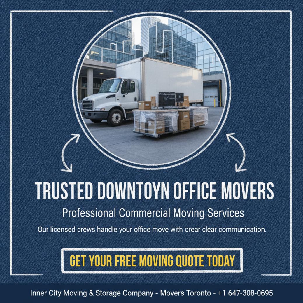 Professional office movers loading furniture in Downtown Toronto building