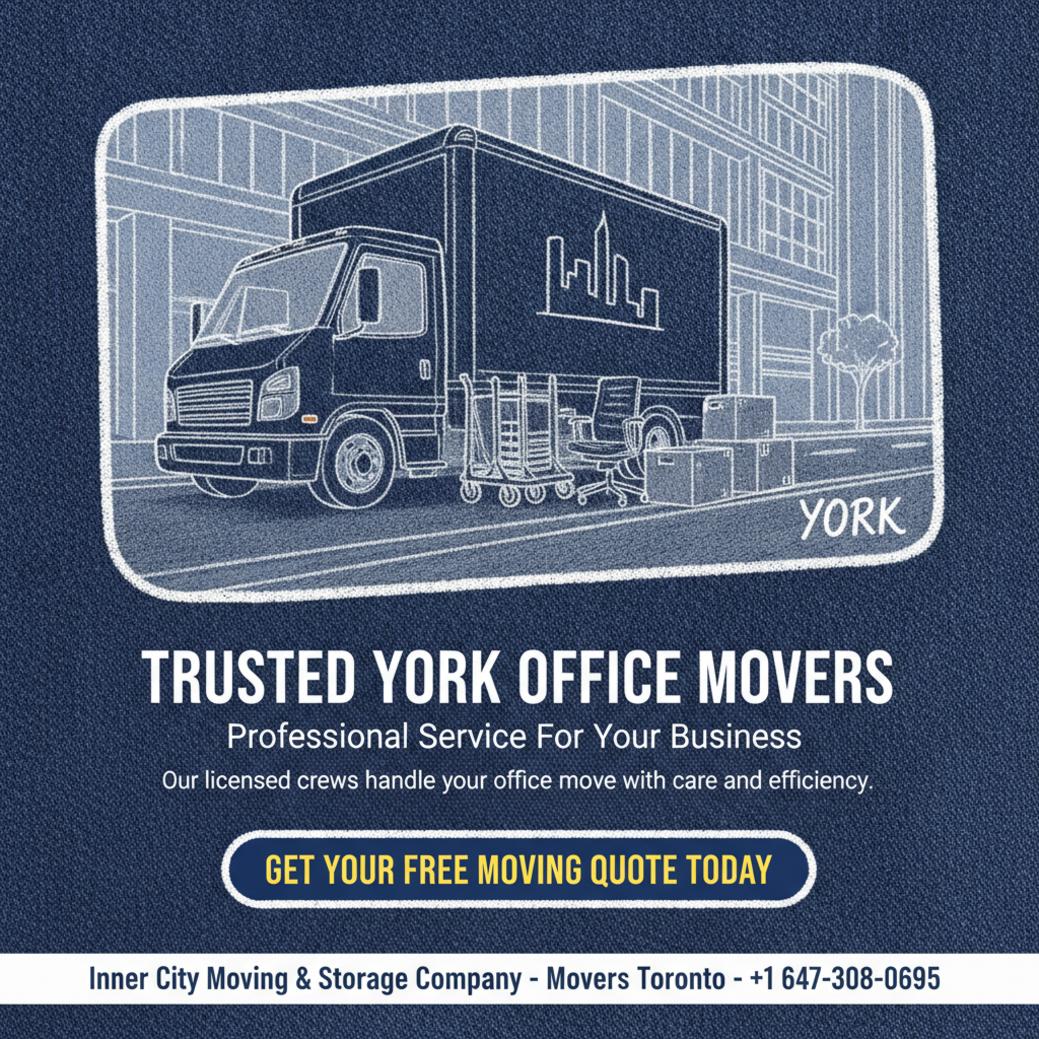 Office movers York loading truck outside mid-rise office building in York