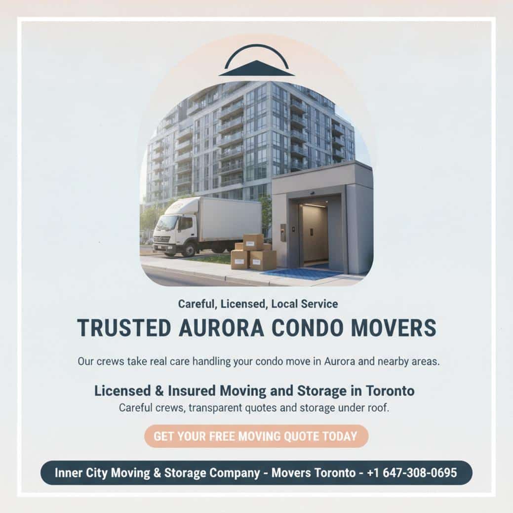 Inner City Moving & Storage truck at Aurora condo building, condo movers Aurora