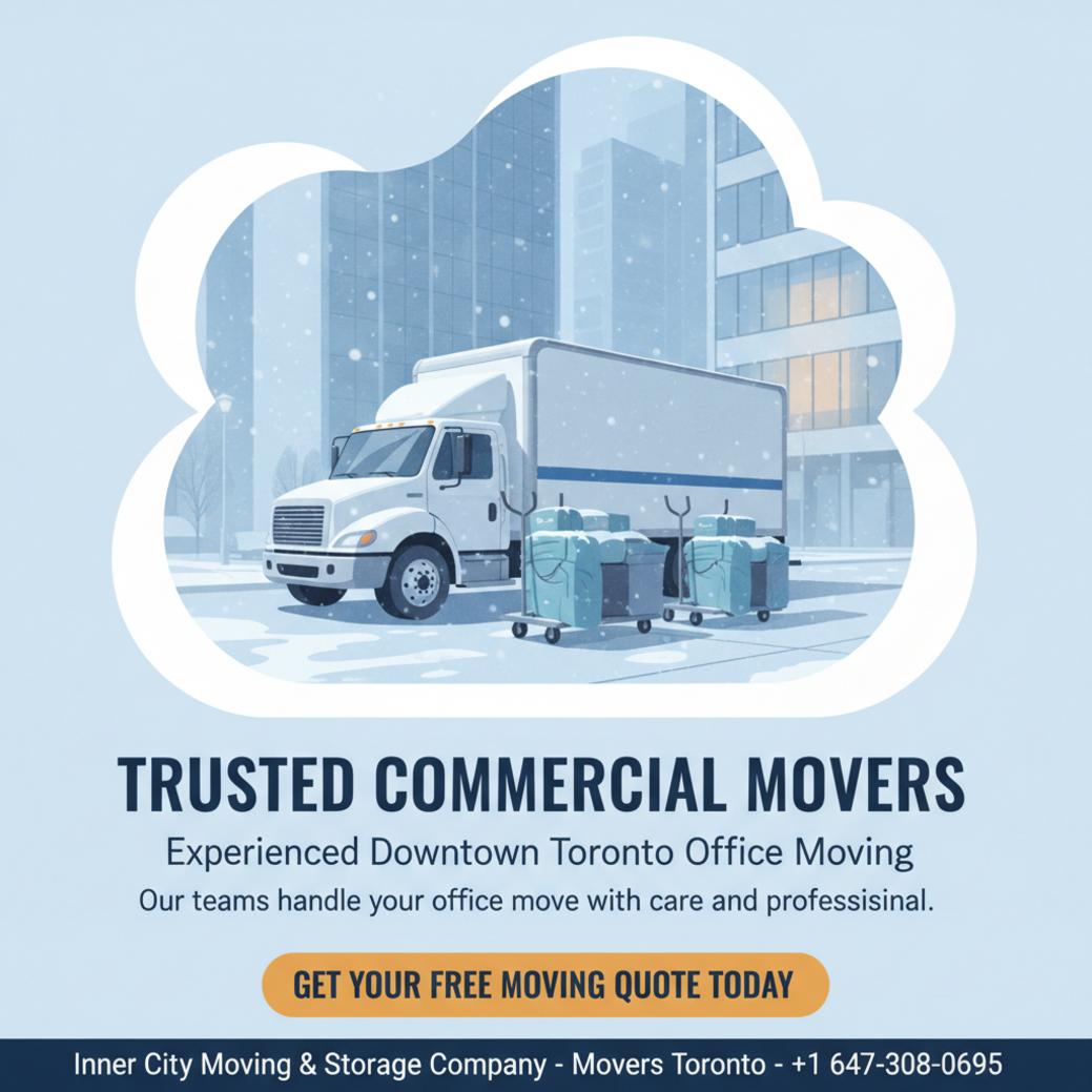 Inner City Moving & Storage truck with office furniture in Downtown Toronto