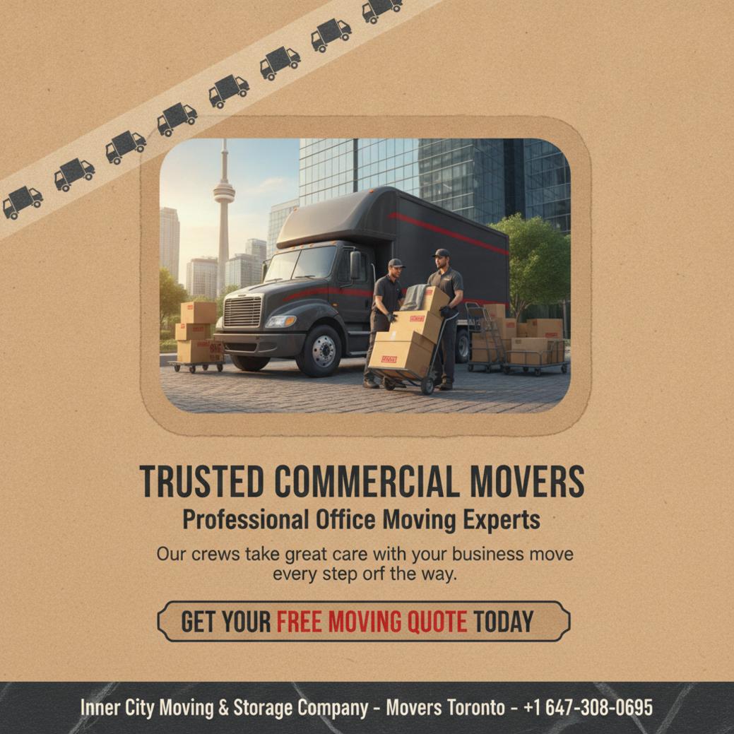 Professional commercial moving truck and crew outside Toronto office building