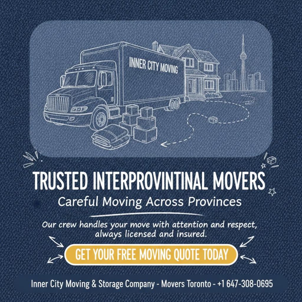 Interprovincial movers loading boxes outside a Mississauga home