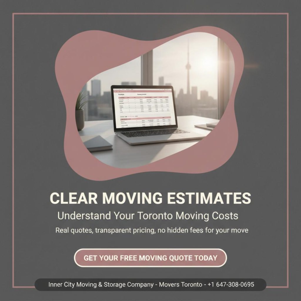 Moving estimate document and laptop with Toronto skyline background