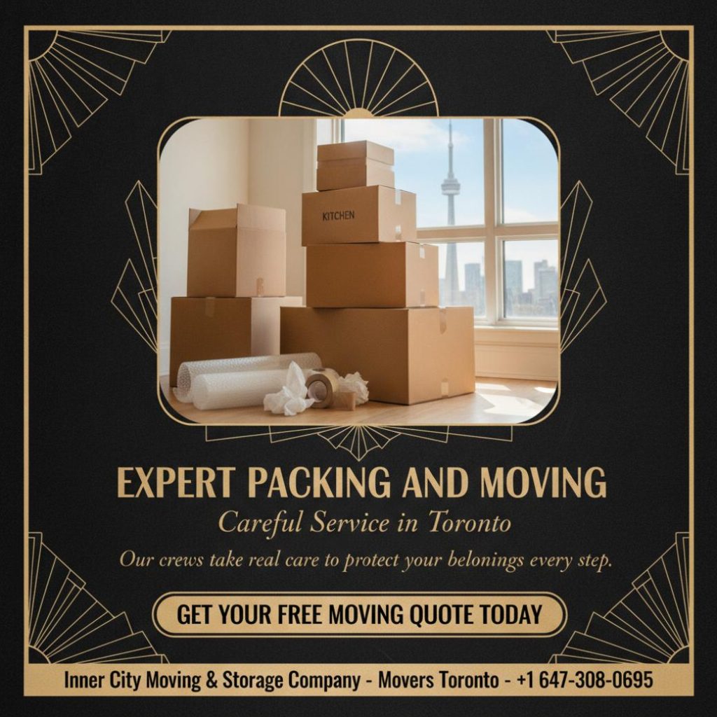Neatly stacked moving boxes with packing materials - packing and moving Toronto