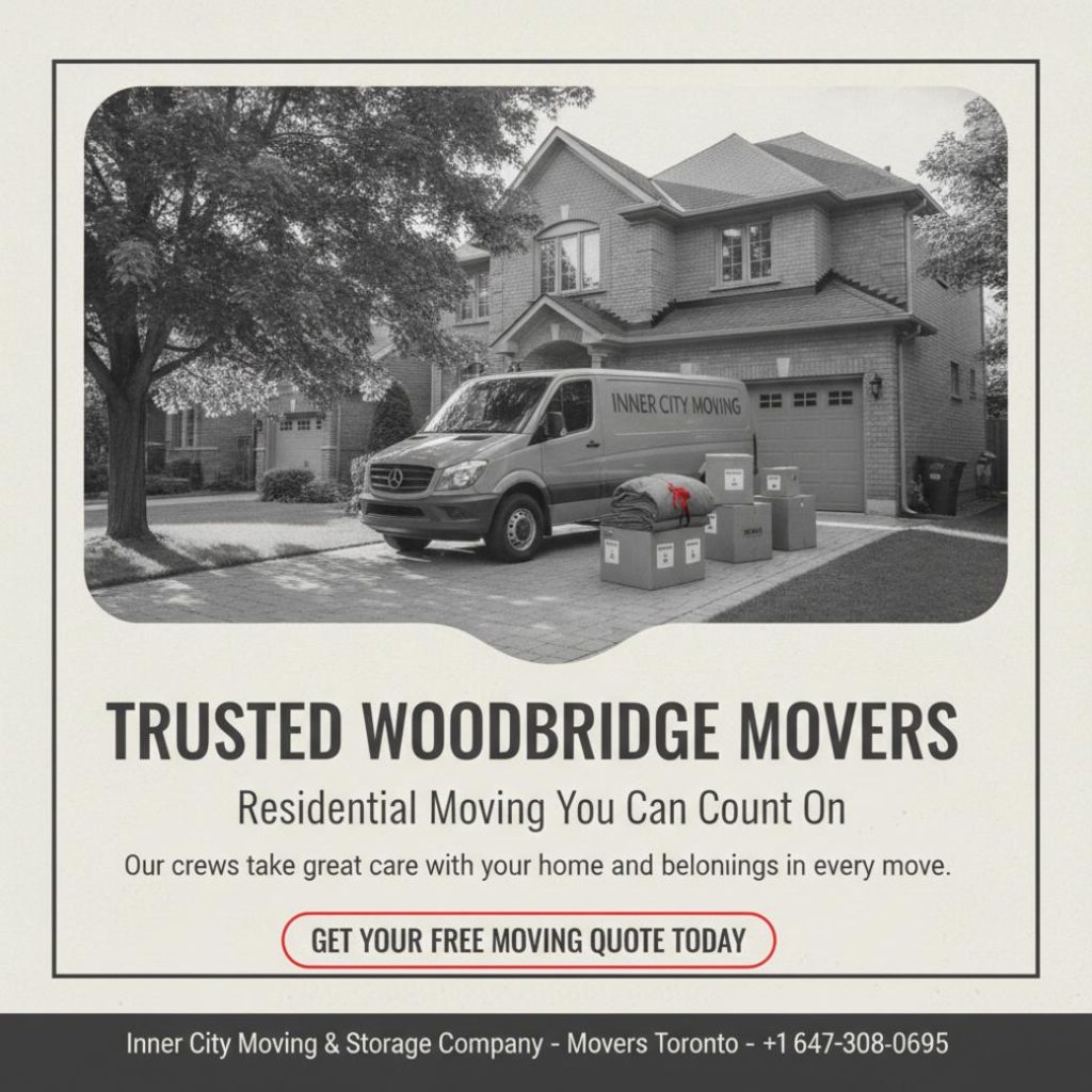 Residential movers with packed boxes outside Woodbridge home