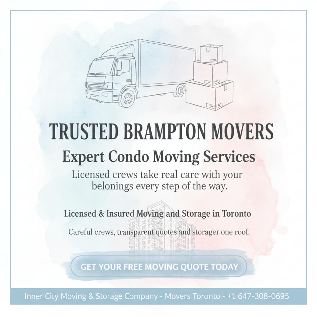 Interior scene with labeled boxes outside condo building – condo movers Brampton