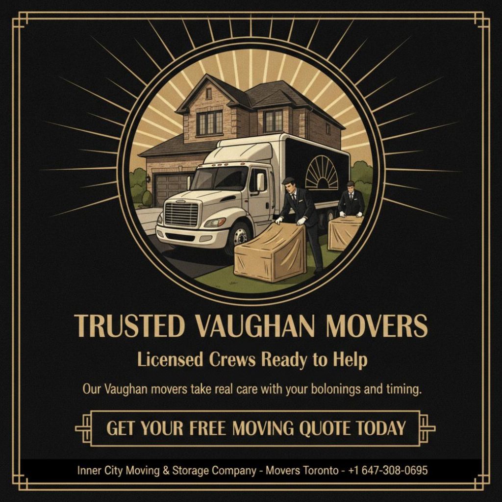 Modern moving truck and furniture outside a Vaughan home by Highway 400