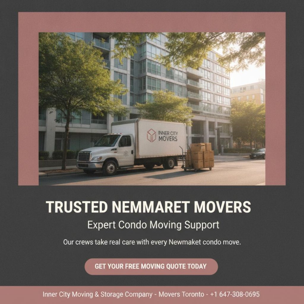 Neatly packed boxes outside a Newmarket condo with moving truck