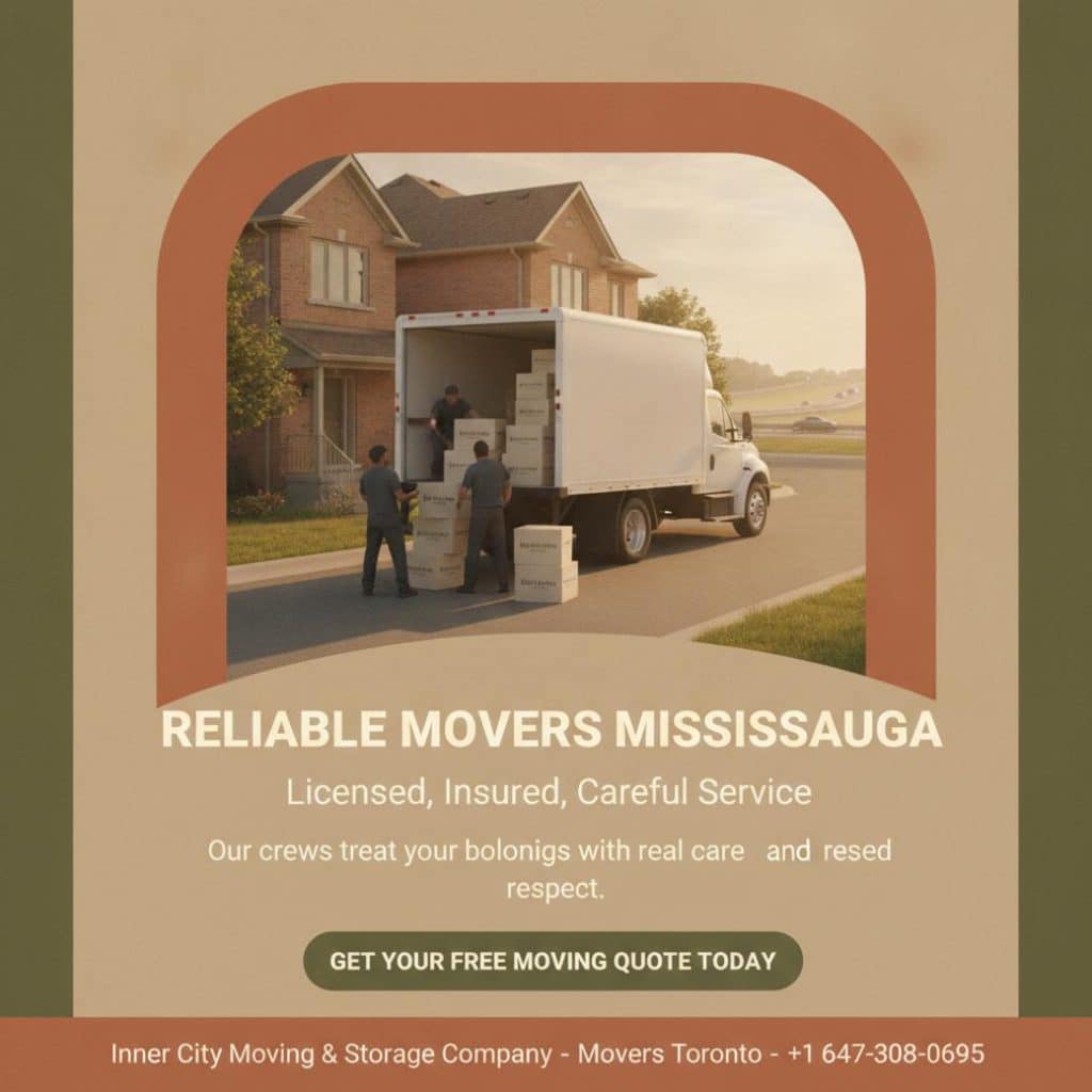 White moving truck and crew loading boxes - movers Mississauga