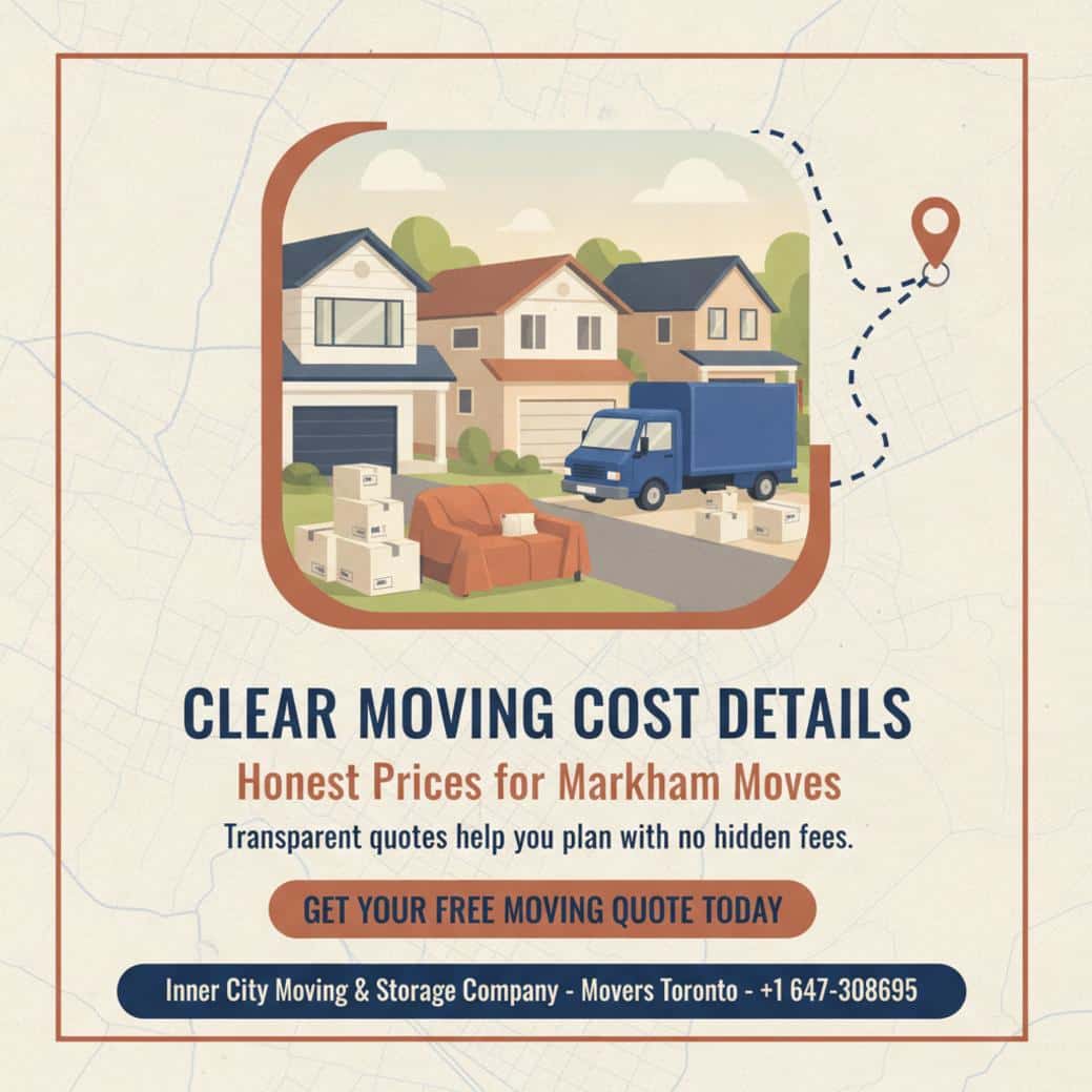 How Moving Cost Works in Markham: What to Expect Inner City Moving & Storage truck with moving boxes on a Markham street